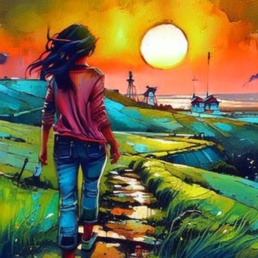 Picturesque Windmill Path at Sunrise: Artistic Style