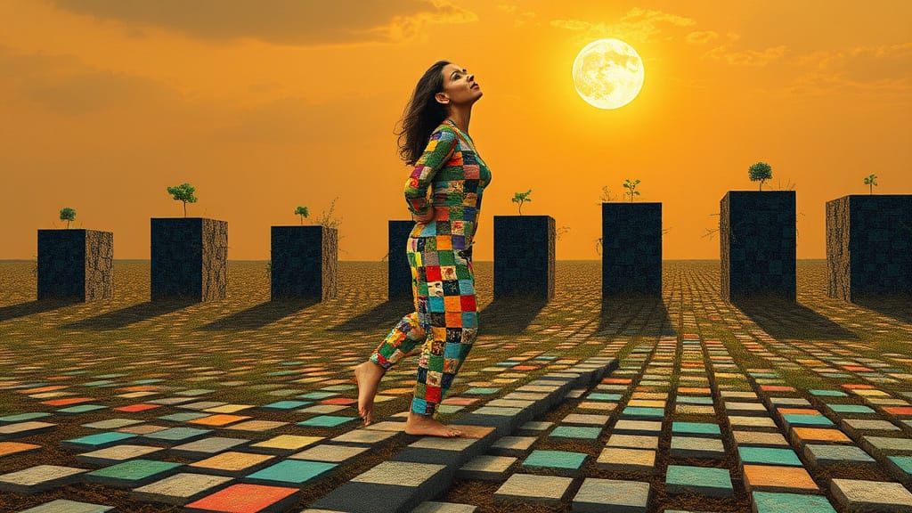 Surreal Woman Emerges from Geometric Squares in Vibrant Bio ...