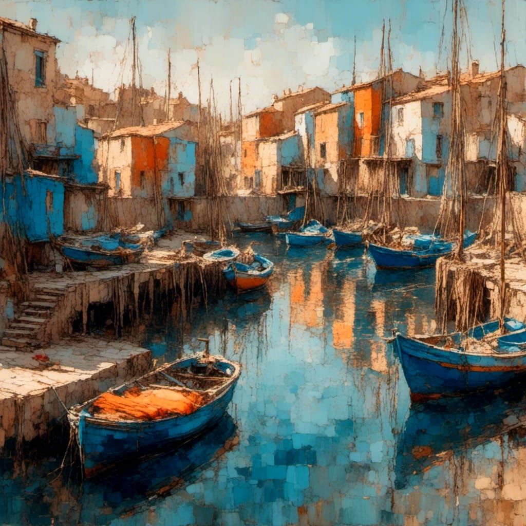 Impressionist Port Scene with Fishing Boats