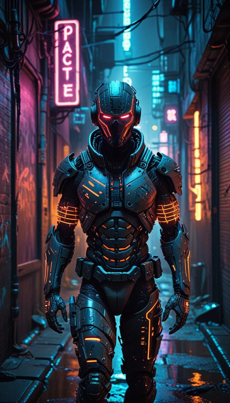 Cybernetic Rebel in a Gritty Neon-Lit Metropolis