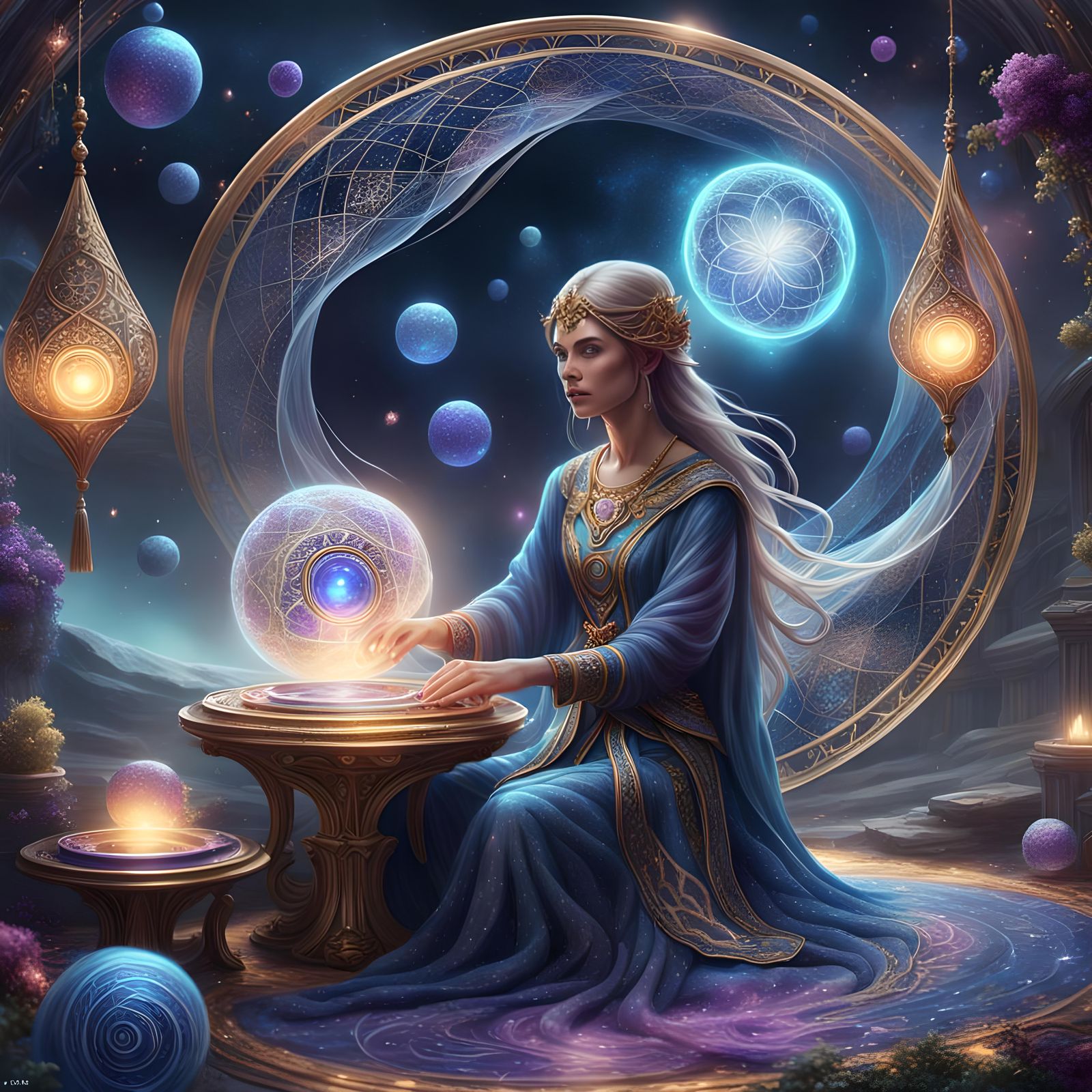 Beautiful Woman Weaving Universe Fabric: Fantasy Art