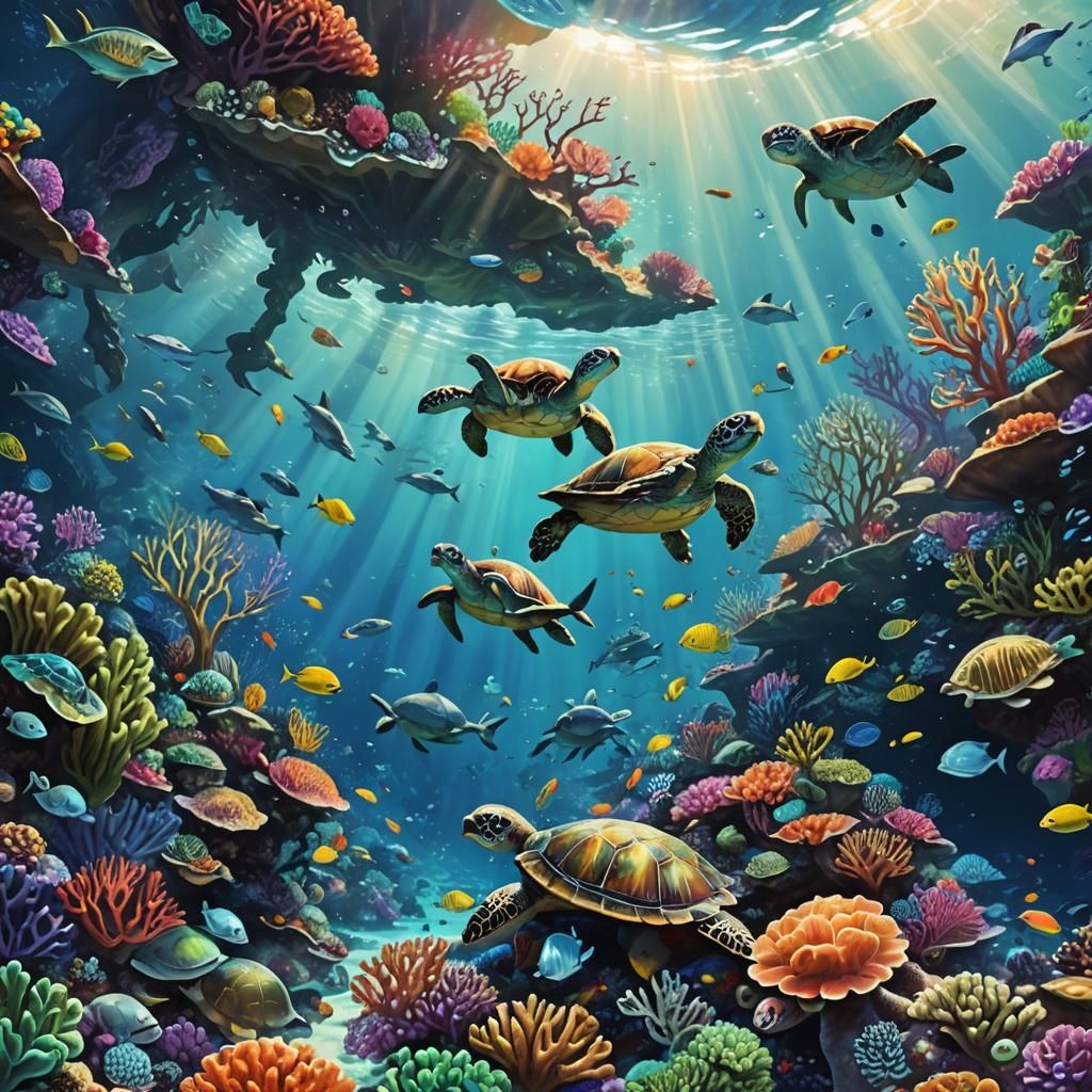 Underwater Coral Reef with Turtles: Digital Art