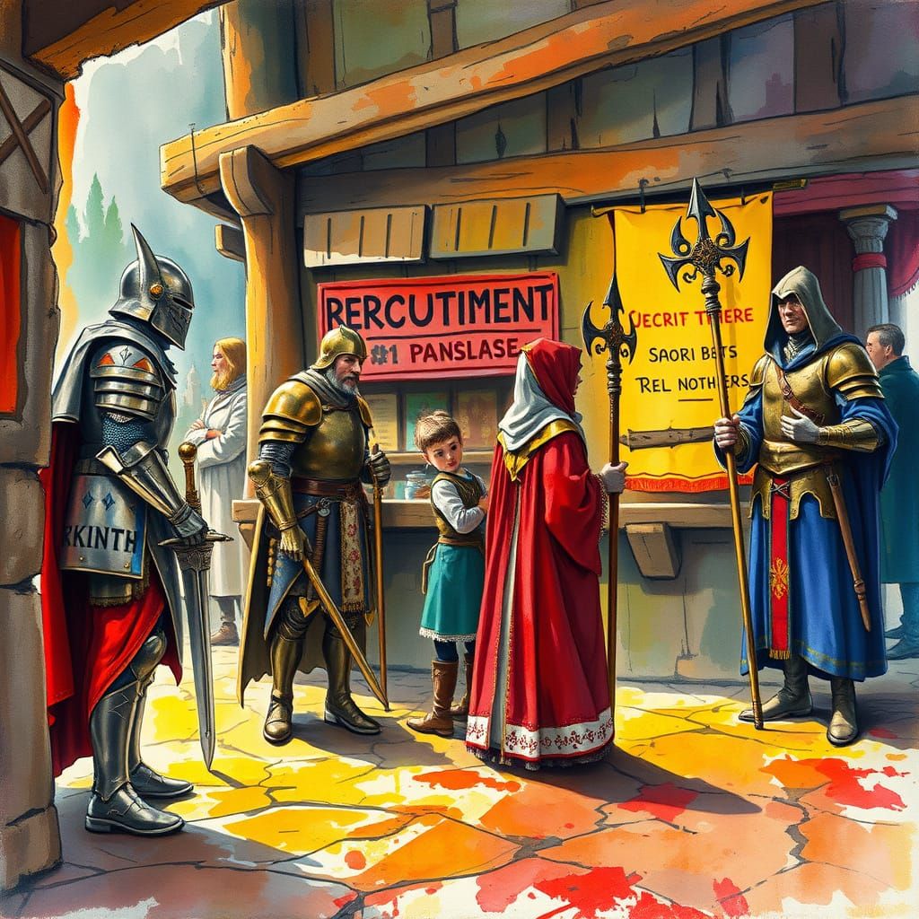 Fantasy Characters at Recruitment Desk in Impasto Watercolor