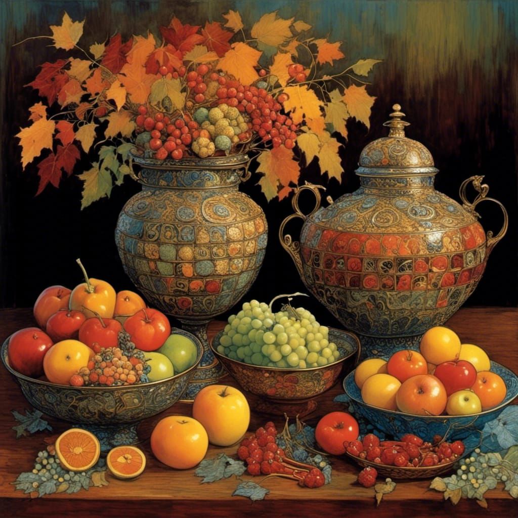 Autumnal Fruit Still Life, Illustrative Style