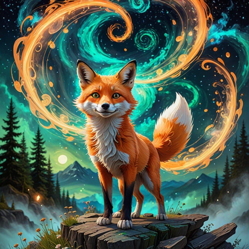 Vibrant Fox Spirit Dances in Cosmic Ethereal Universe