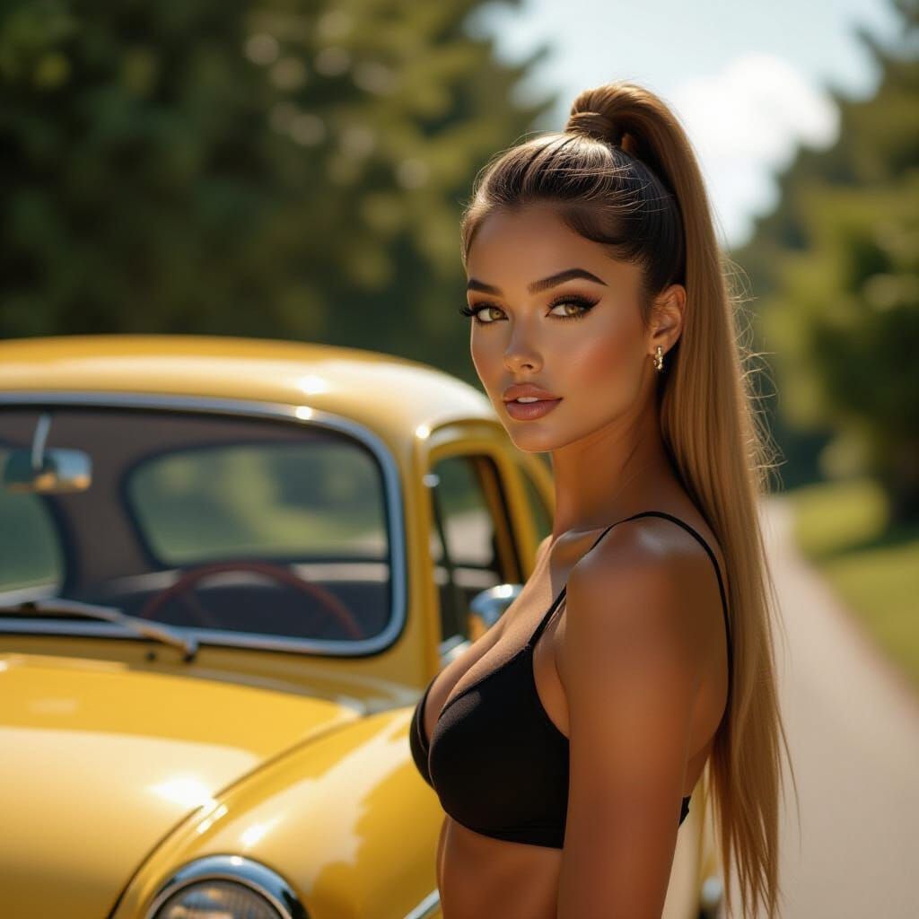 Woman and Custom VW Golf in Cinematic Style