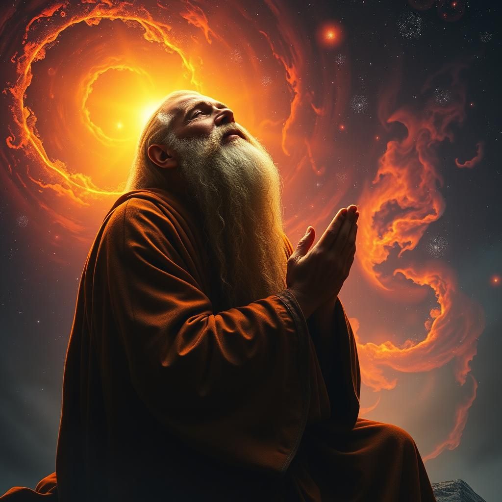Monk in Divine Ecstasy Amidst Fiery Cosmos