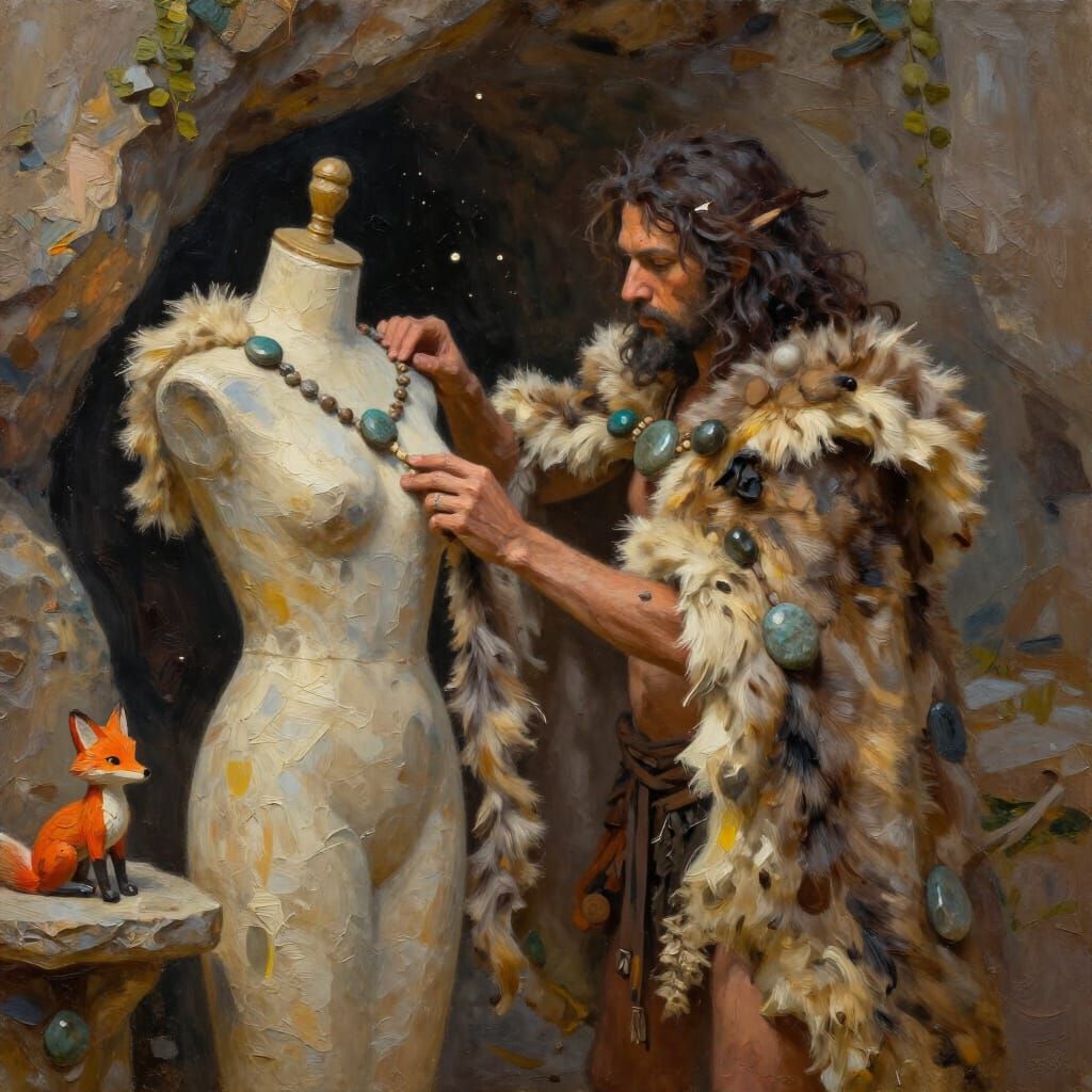 Neanderthal Fashion Designer in Cave as Impasto Painting