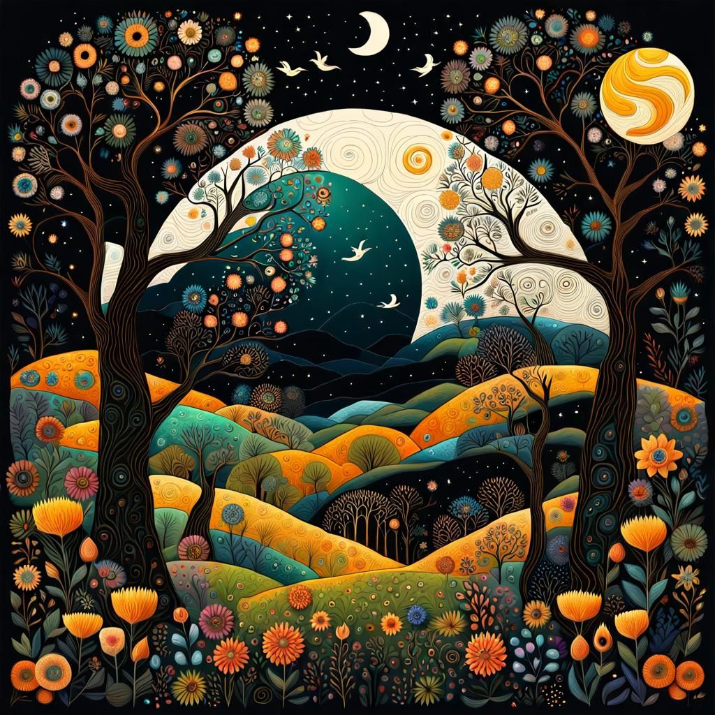 Fantastical Spring Landscape in Klimt Inspired Folk Art