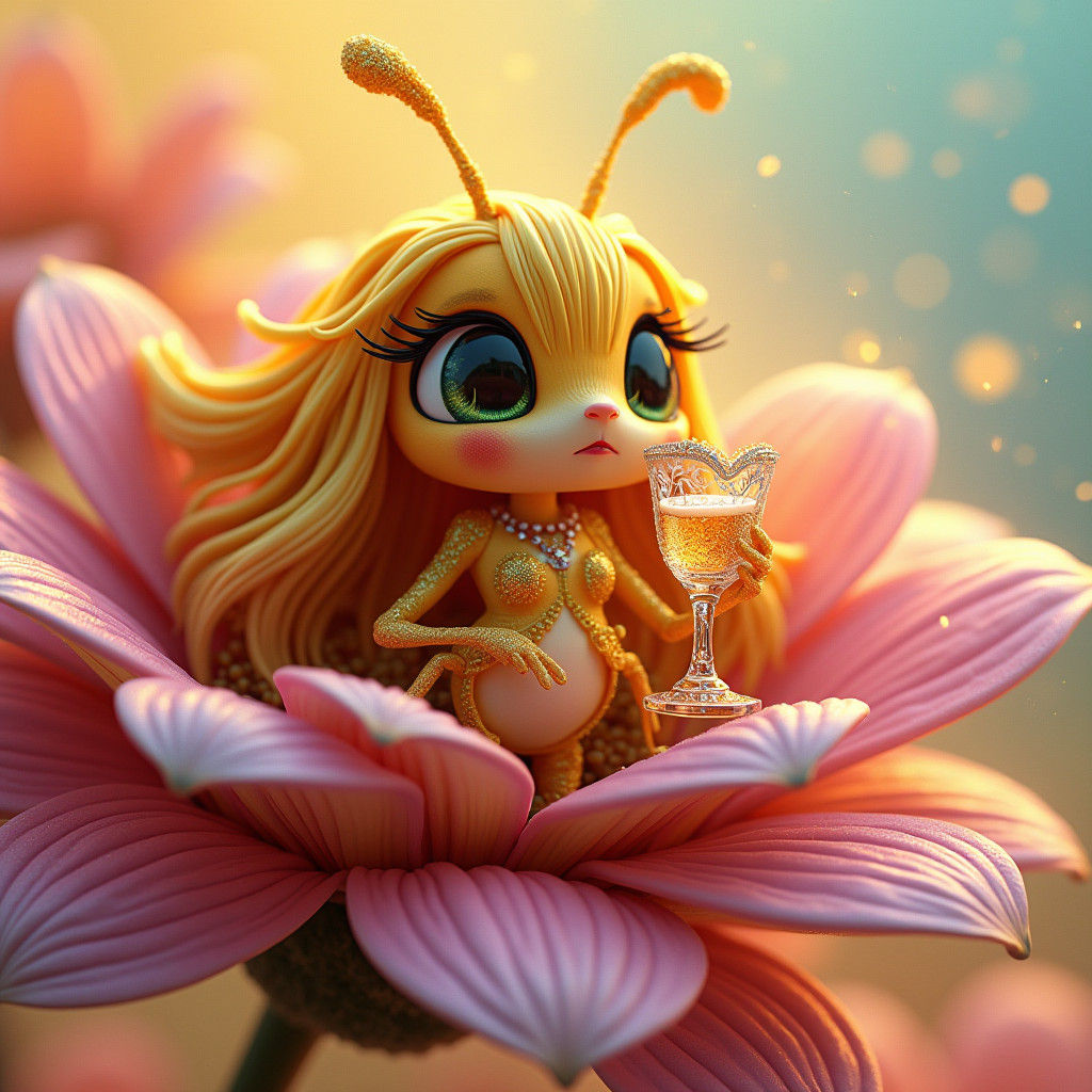 Tipsy Bee with Champagne in 3D Digital Art