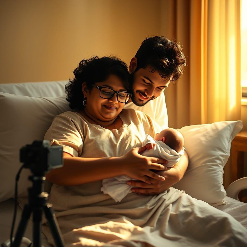 New Parents Cradling Newborn Baby in Hospital Room