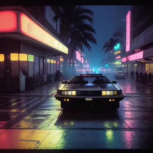 Neon Miami Beach at Night: Cinematic 80s Scene