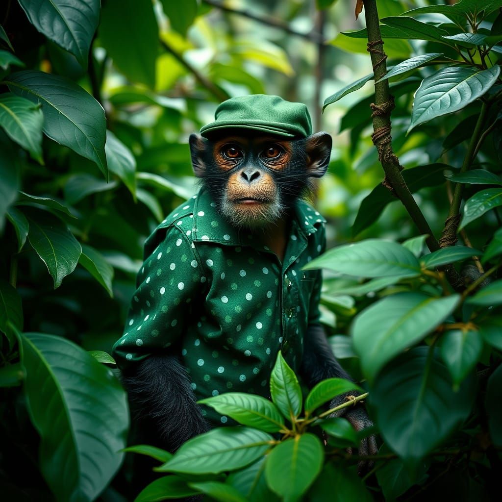 Camouflaged Monkey Portrait in Jungle Landscape
