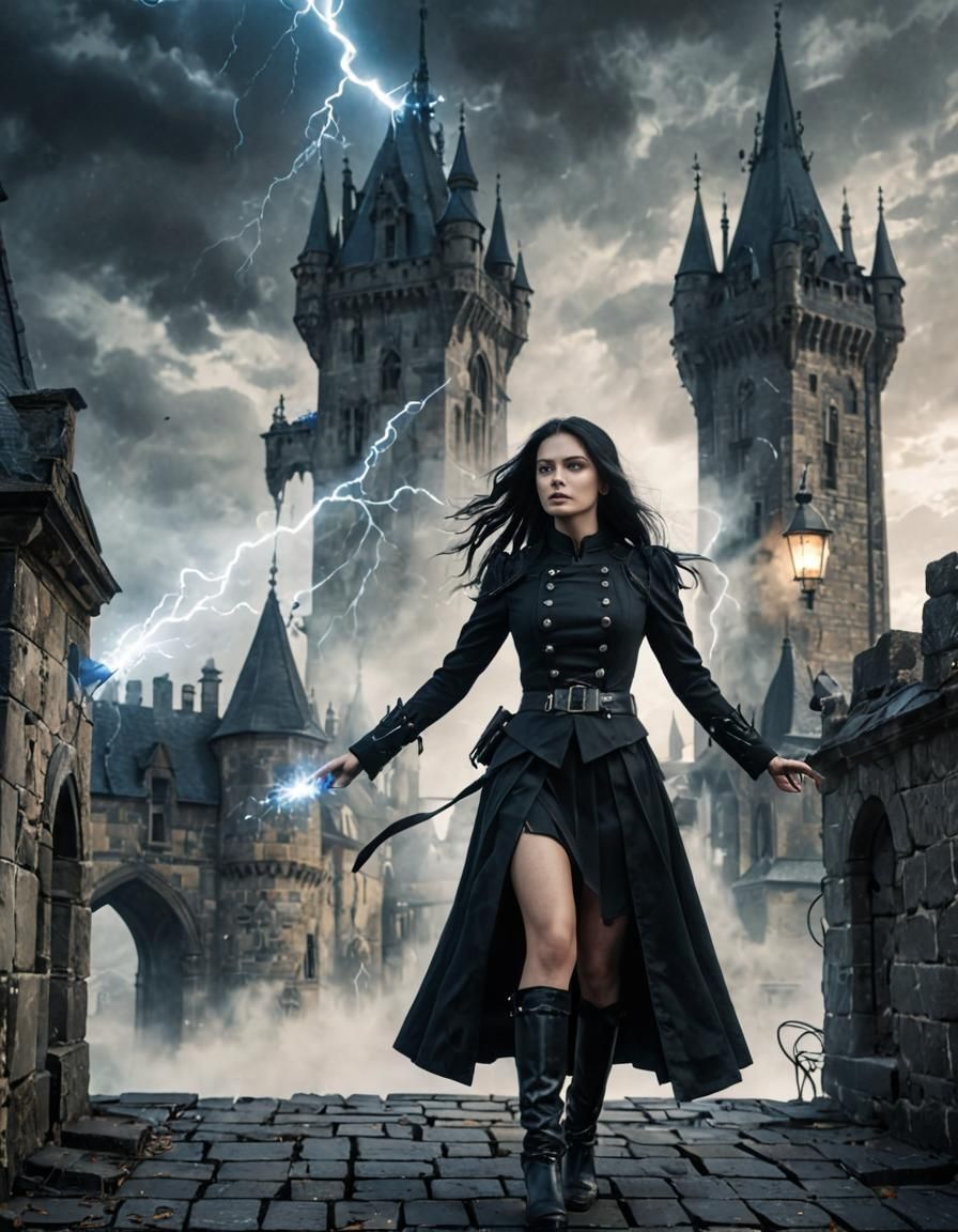 Gothic Fantasy Woman on Castle Roof in Ink Wash