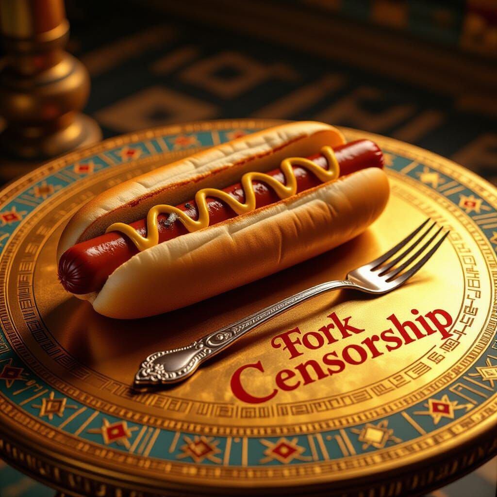 Egyptian Style Golden Hotdog with Fork Censorship