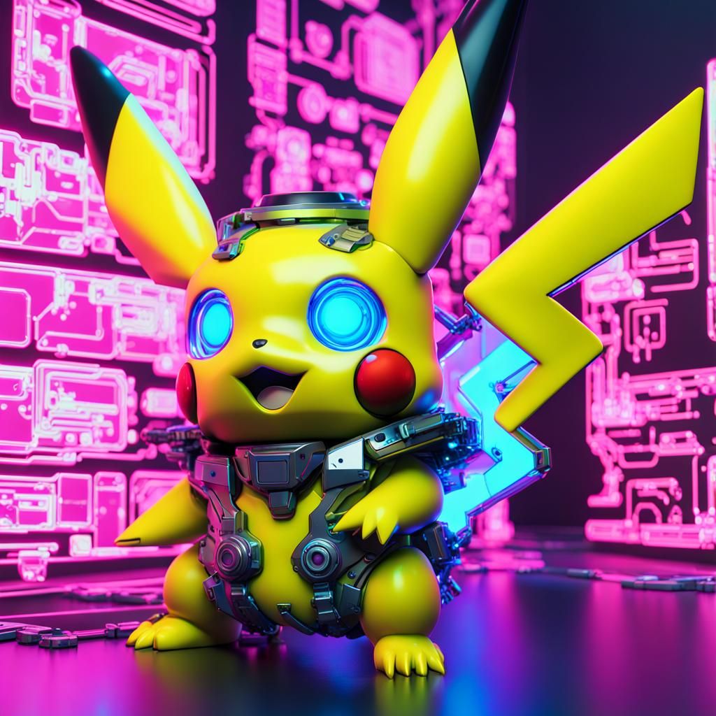 Cyberpunk Pikachu in Mechanical Armor, Pop Art Style