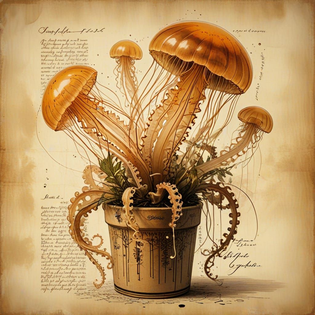 Antique-Style Drawing of a Glowing Jellyfish Plant