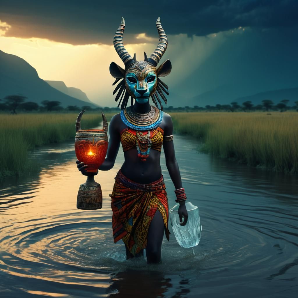 Surreal Twilight Encounter with Masked Figures