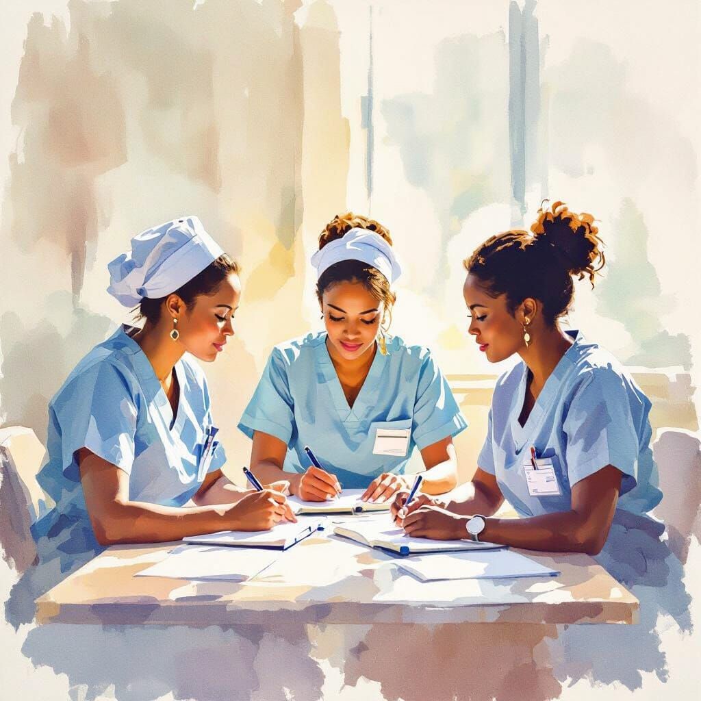 Watercolor Painting of Nurses in a Morning Meeting