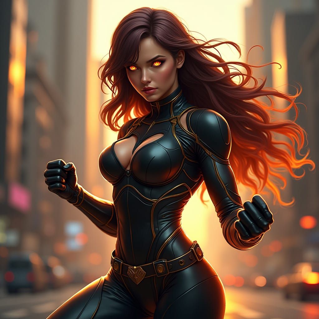 Hyperrealistic Female Superhero Fire H in Futuristic Citysca...
