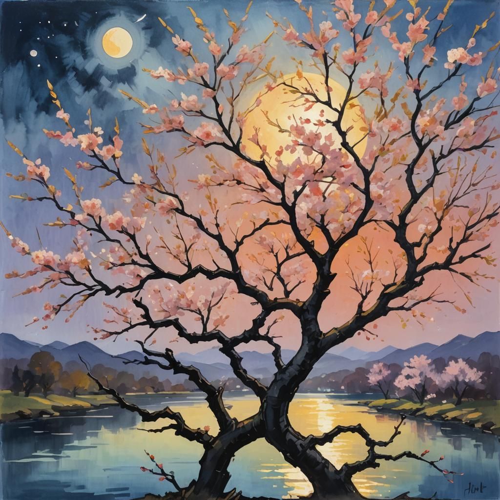 Cherry Blossoms in Gouache Impressionist Style