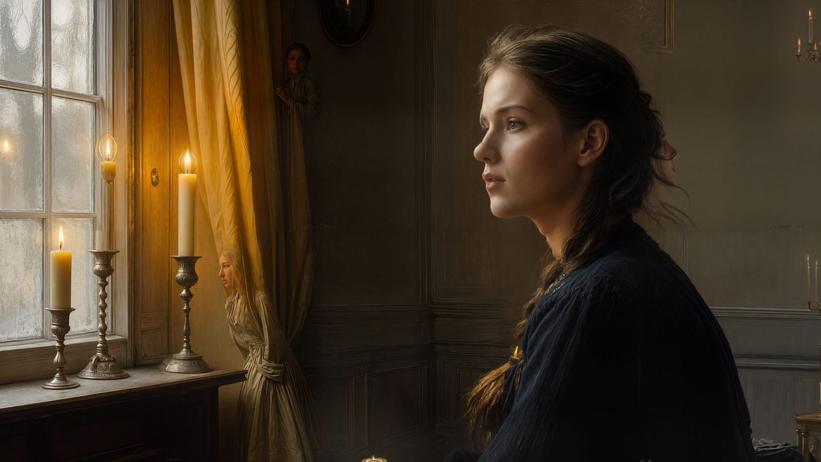 Contemplative Woman by Candlelight: A 19th-Century Style Oil...