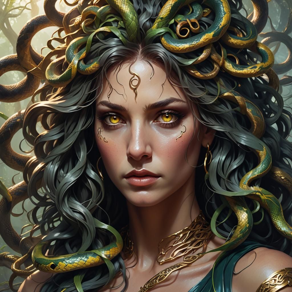 Medusa Portrait with Snakes in Hyper-Detailed Style