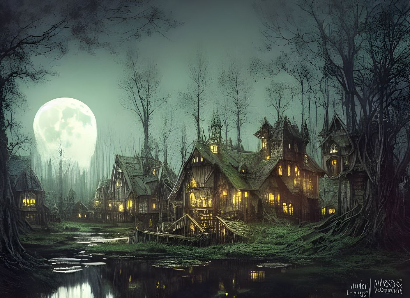 Creepy Medieval Swamp Village at Night