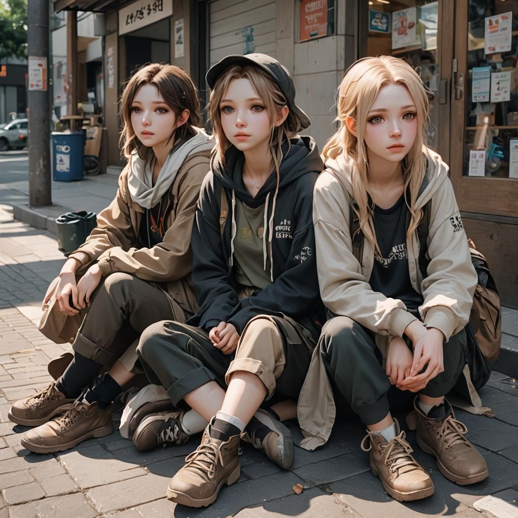 Homeless Girls Begging: 3D Anime Art