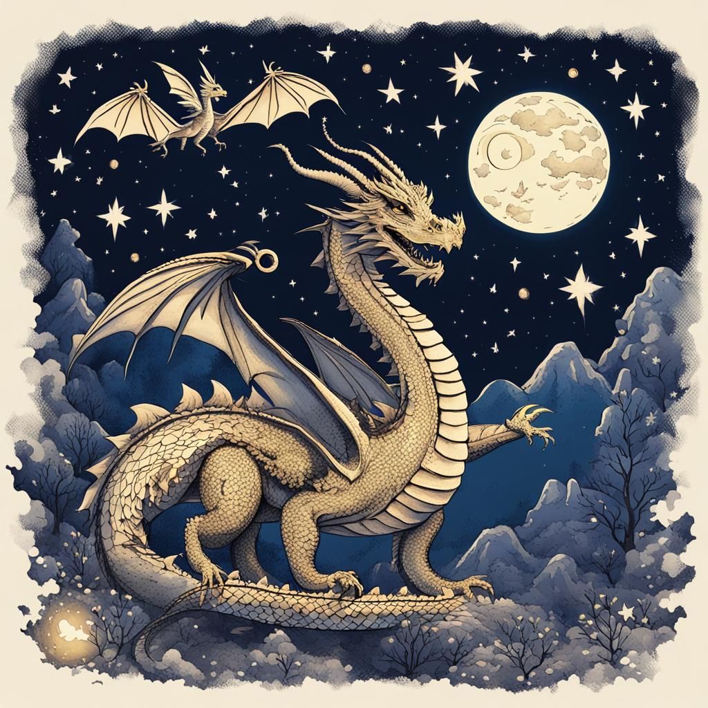 Dragon Flight Across Starry Night Sky