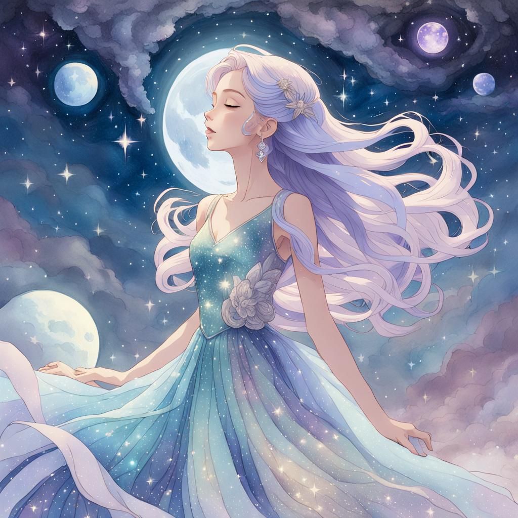 Concept art. Medium shot. Celestial woman with long pastel p...