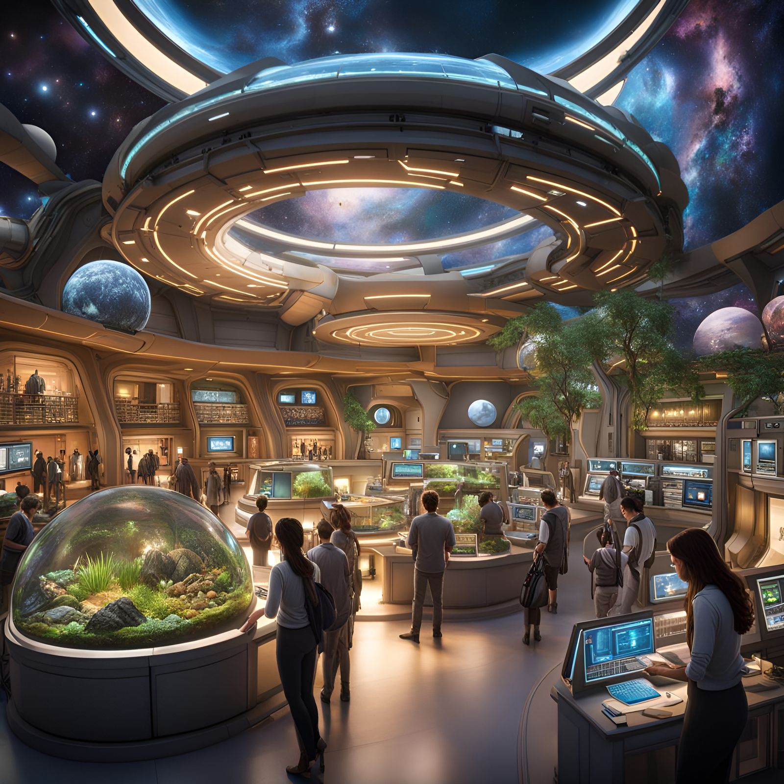 Bustling Interspecies Commerce Hub in Space