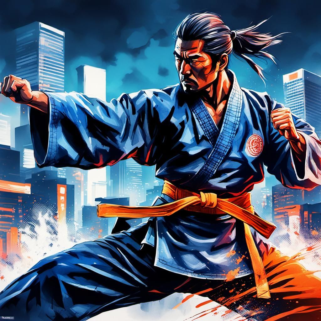 Dynamic Karate Punch in Ink Wash Style