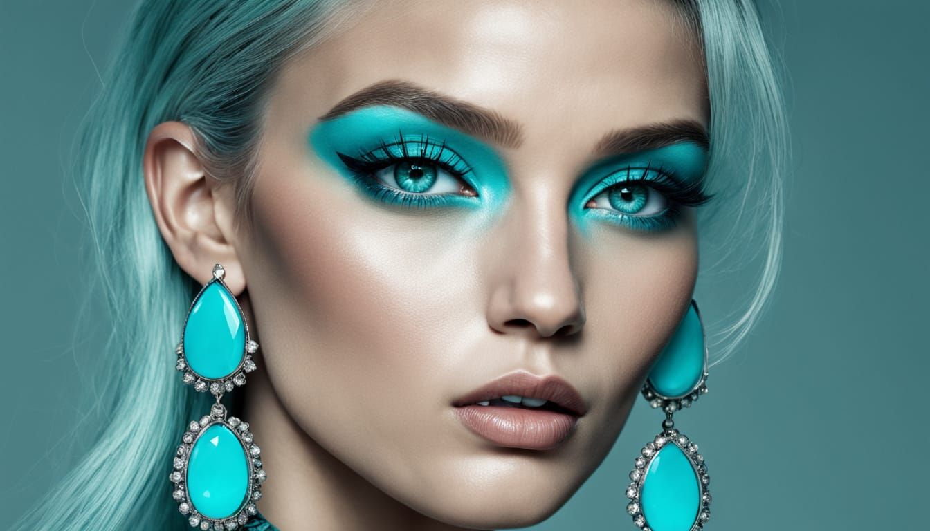 Turquoise Cat-Eye Makeup on Supermodel, Hyper-Realistic Port...