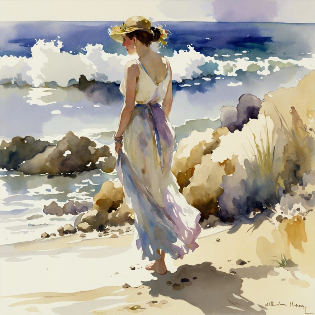 Dreamy Beach Scene in Watercolor Style