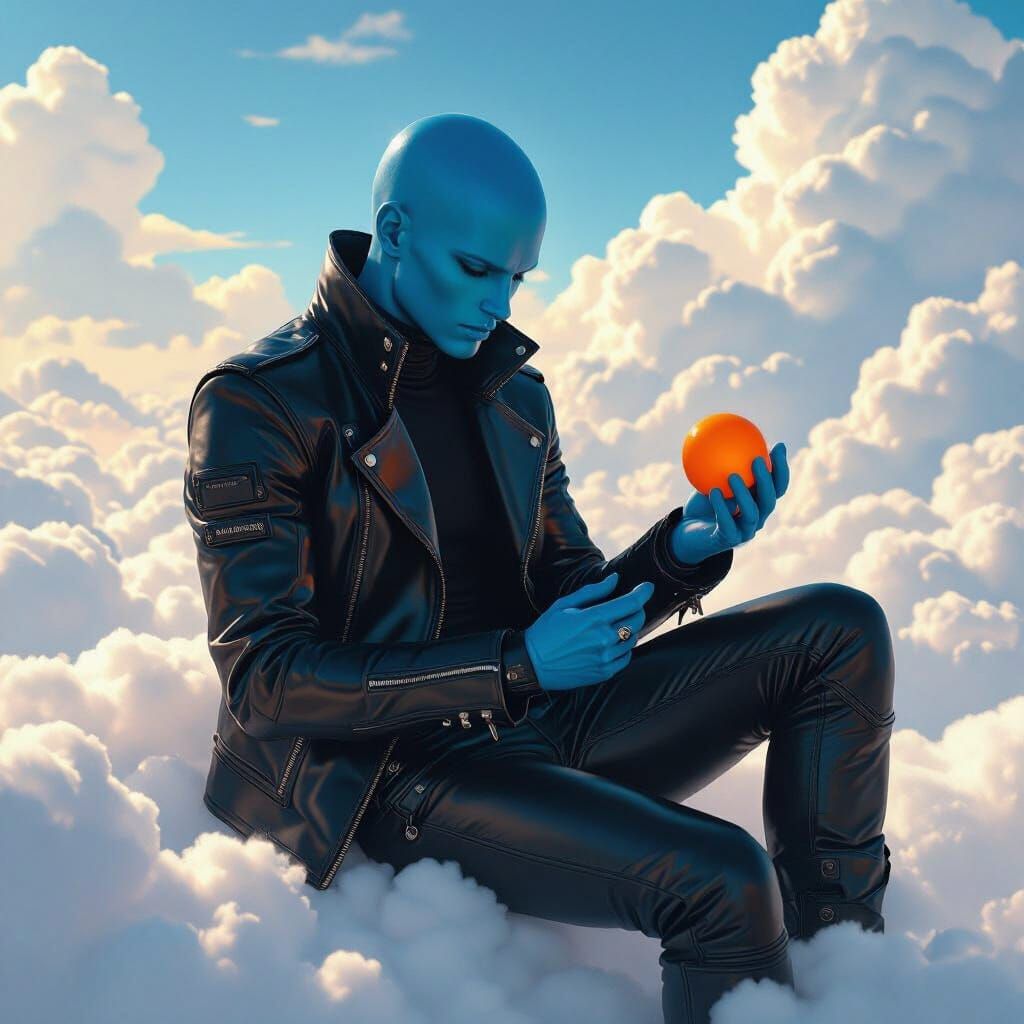 Cyberpunk Humanoid Juggles Orange Among Clouds