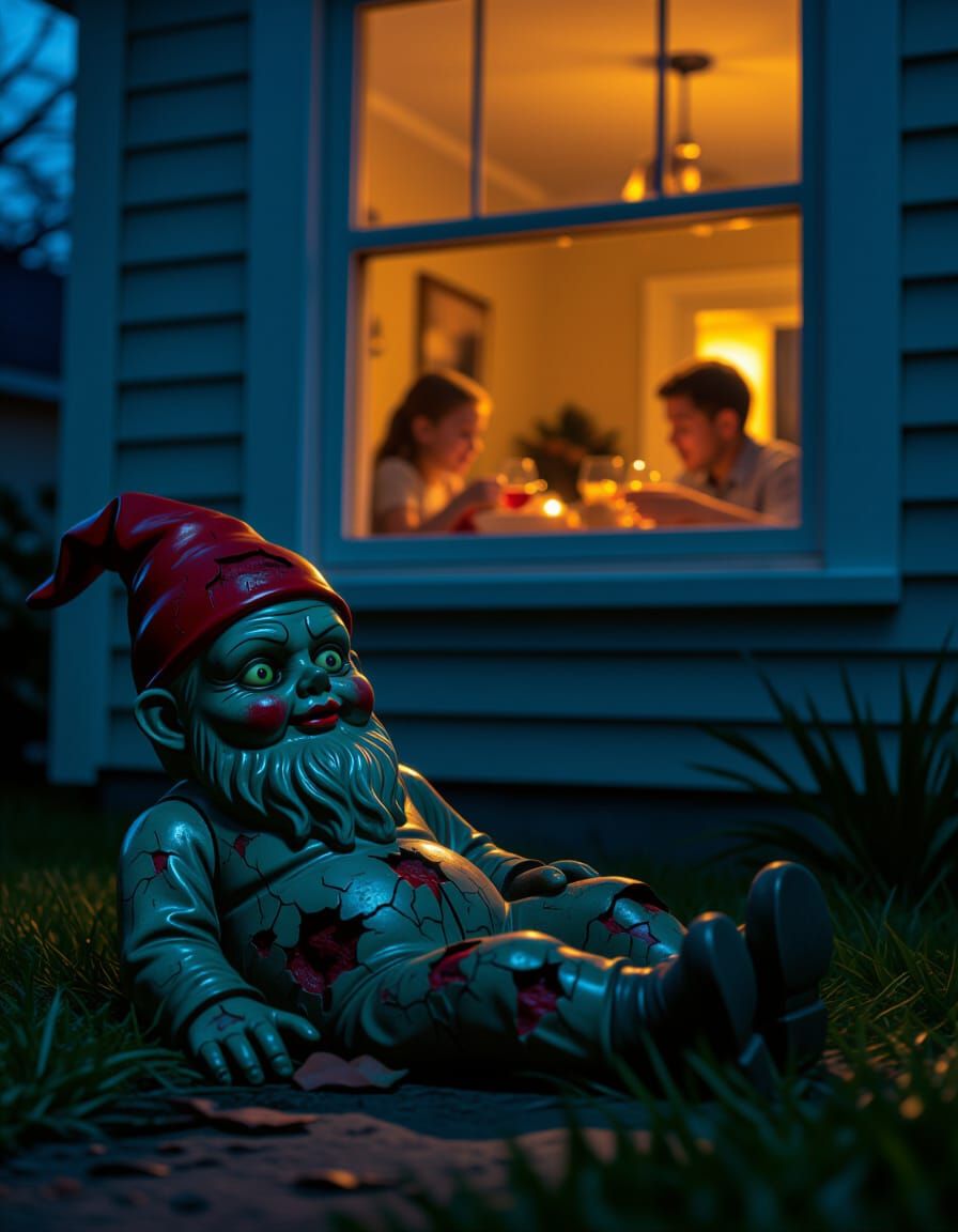 Decaying Zombie Gnome Shuffles in Suburban Twilight
