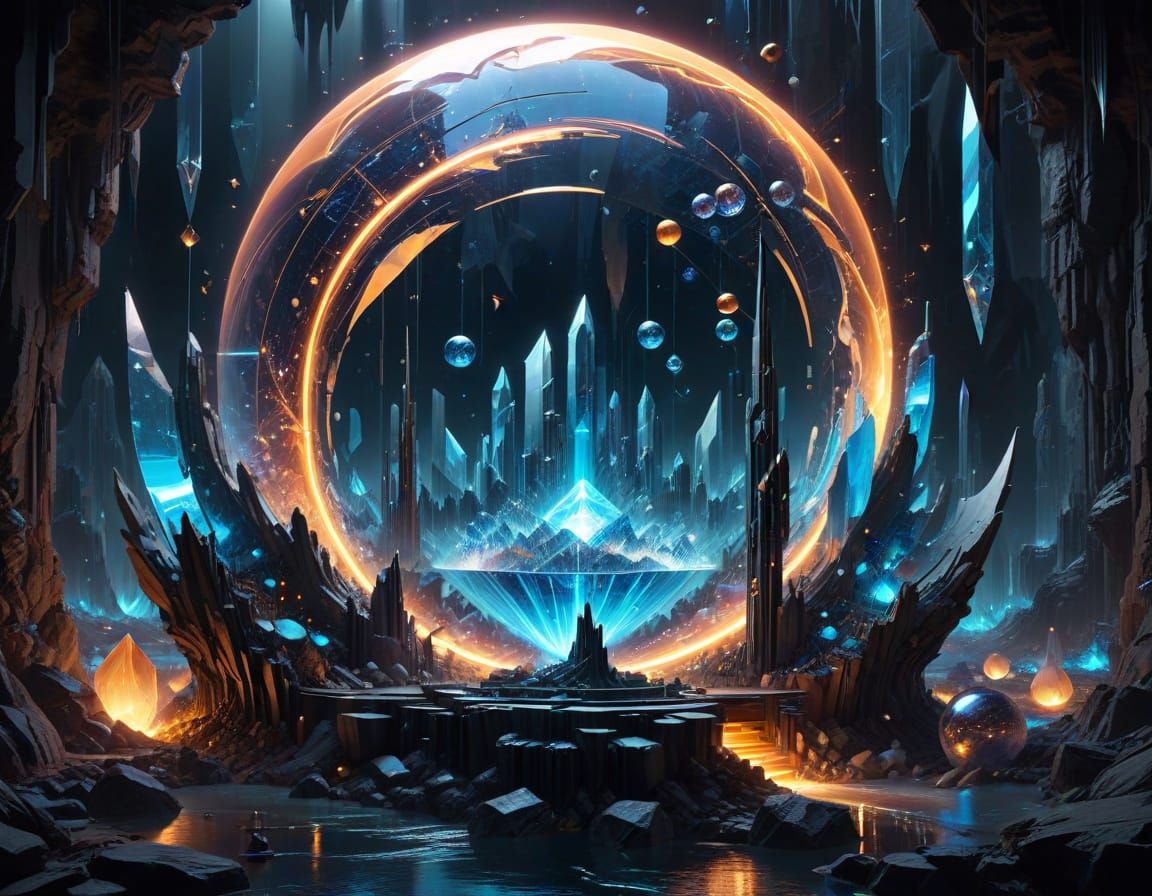 Surreal Quantum Cityscape with Glowing Orbs and Shattered Cr...