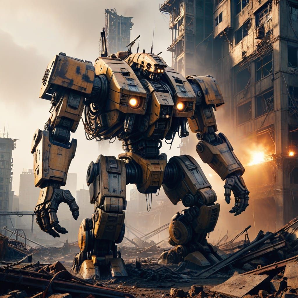 Rustic Sci-Fi Mech Slumped Against Skyscraper