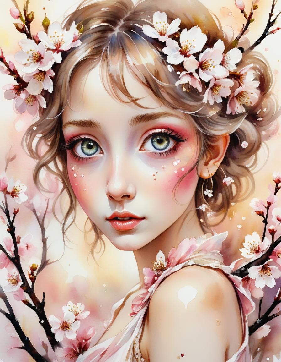 Bohemian Watercolor Cherry Blossom Fairy Portrait