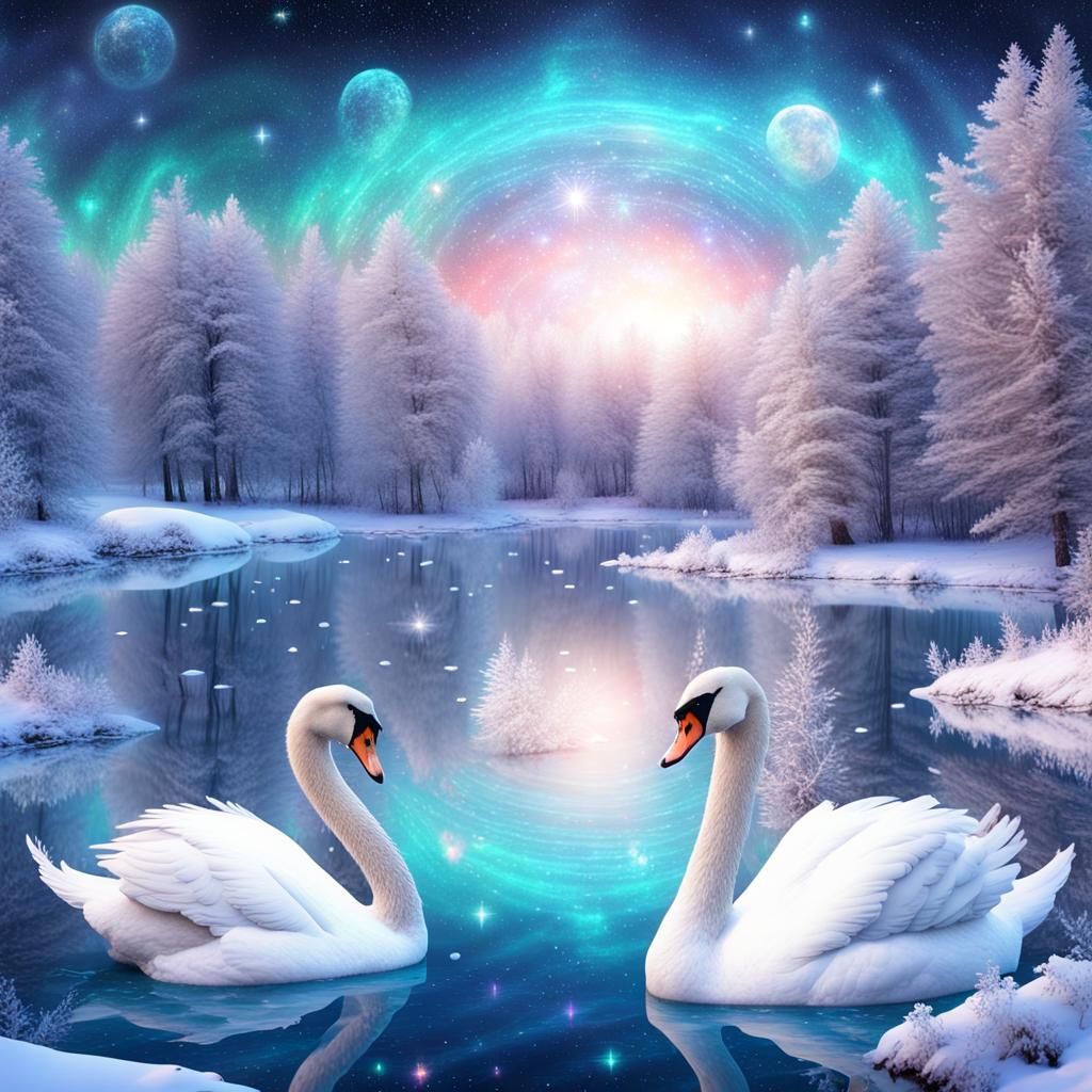 Swans on Snowy Lake: Cosmic Holographic Illustration