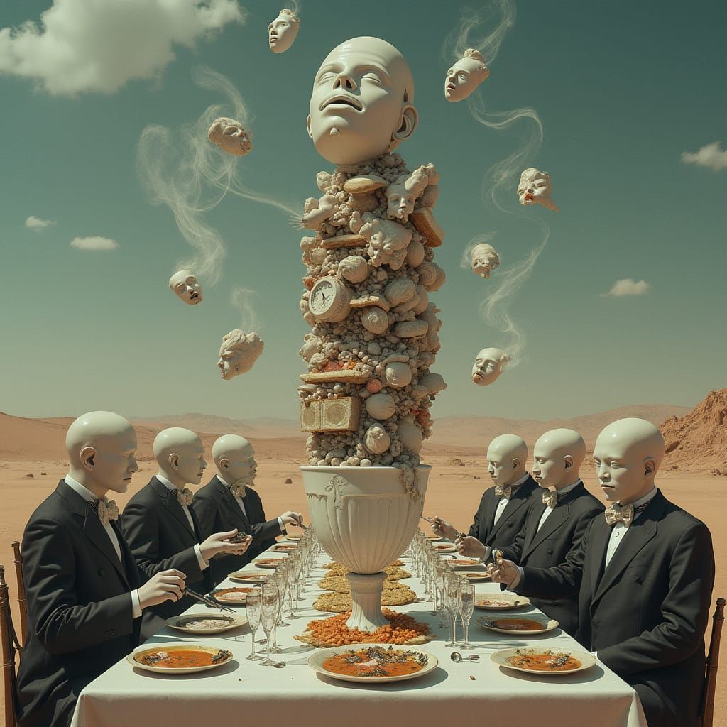 Surreal Desert Banquet with Masked Diners