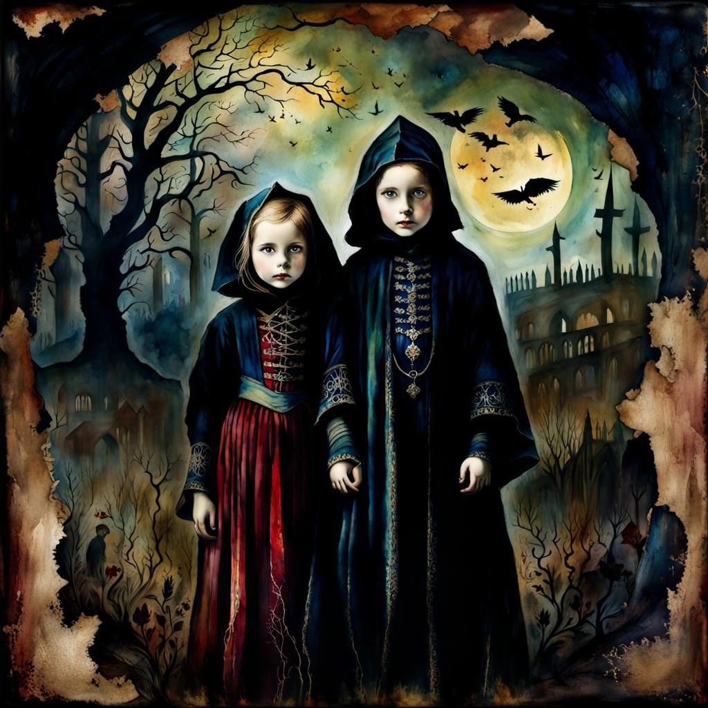 Creepy Watercolor Children in Medieval Farm Setting
