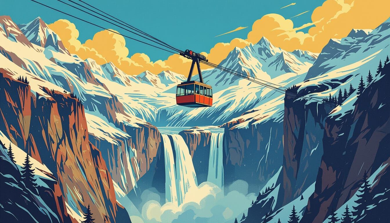 Vintage Cable Car Above Alpine Waterfall