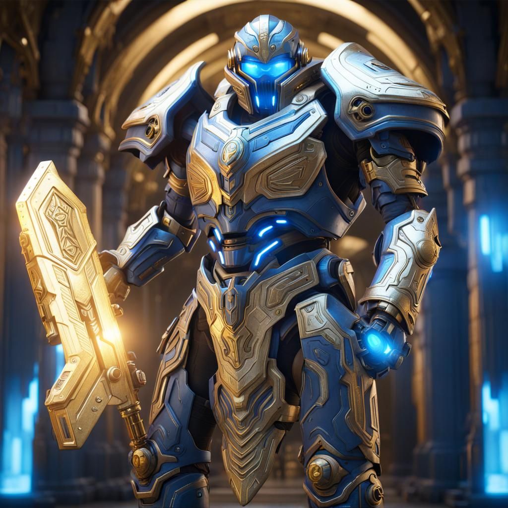 Xeno Paladin in Glowing Gold Armor