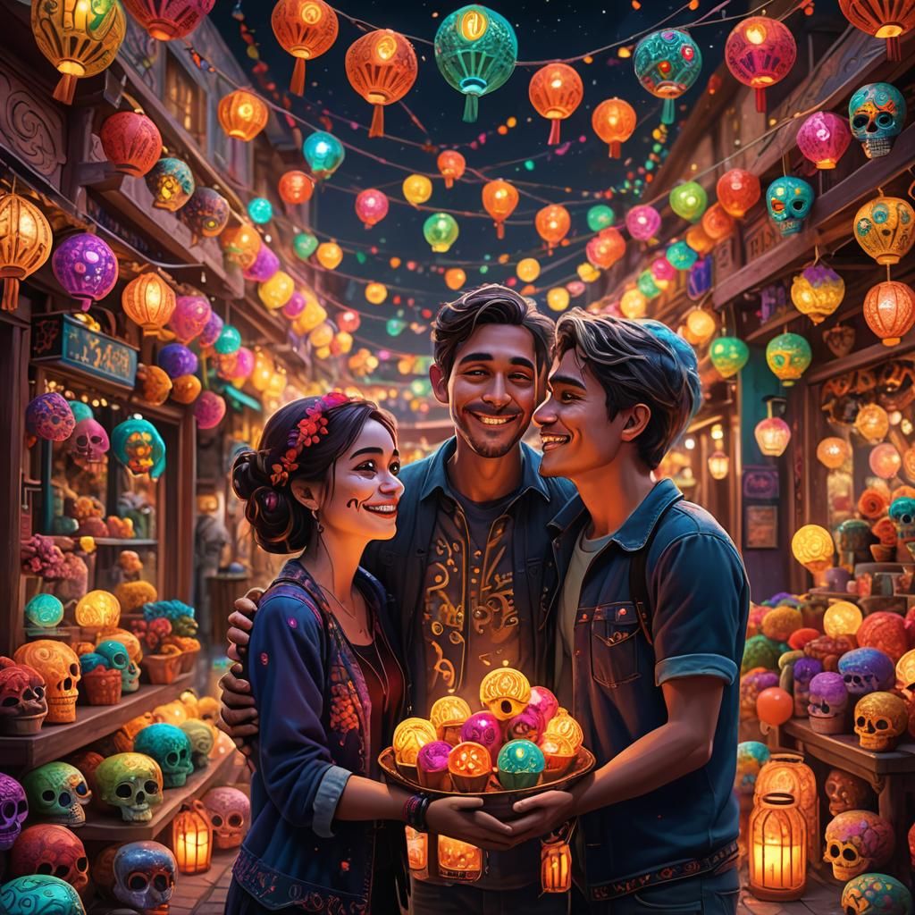 Couple with Sugar Skulls in Festive Market