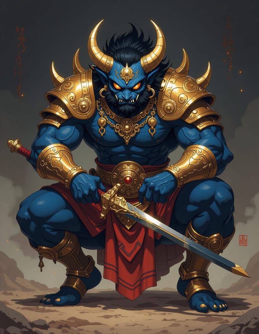 Mythical Creature with Golden Sword in Dramatic Lighting