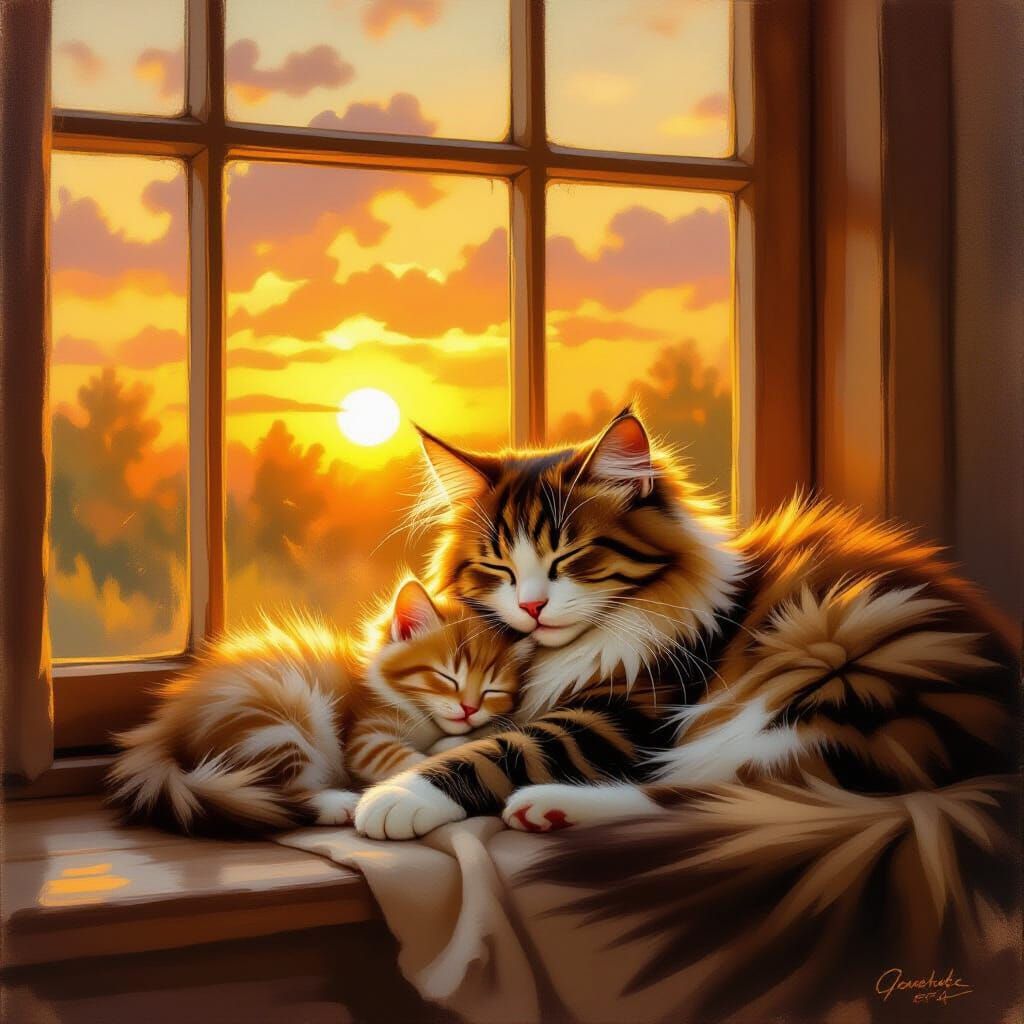 Mother Cat and Kitten Sleeping in Sunset Glow, Impressionist...