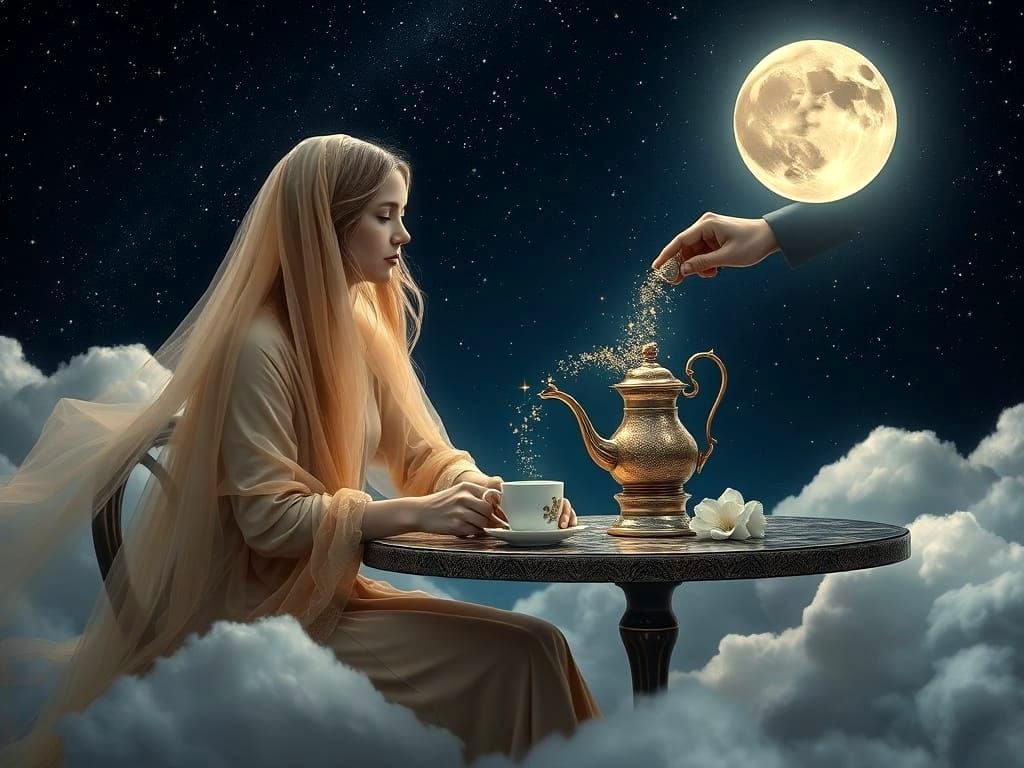Ethereal Woman Pours Stars in Celestial Cafe