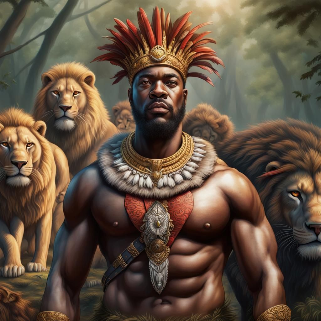 Hyperrealistic Zulu King with Lions in Forest